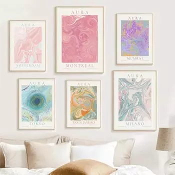 Цвет Swoosh Wall Art Boho Розовый Фиолетовый Синий Принт Холст Картина Коктейль Синий и Токио Плакат Украшение Дома Гостиной 21x30cm No Framed