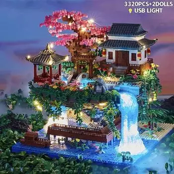 Цветение персика, набор строительных блоков для дома на дереве, садовая архитектура, водопад, легкие кирпичи, игрушки, Рождество для детей, подарок для взрослых with light strap