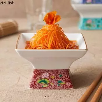 Цветная эмалированная керамическая миска с высокой ножкой, квадратная миска с золотым краем, миска для десерта, миска для закусок, миски для суши, креативная посуда для молекулярной кухни