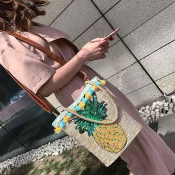 Цветная бамбуковая соломенная сумка с бахромой, бамбуковая сумка ручной работы для пляжа, ведро, пайетки, ананас