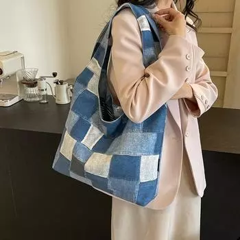 Цветная большая сумка женская, большая вместительная сумка для студентов, простая портативная сумка через плечо для подмышек синий