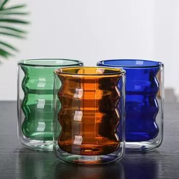 Цветная чашка, 200 мл, с двойной резьбой, кофейное стекло, изолированная стенкой, кружка для виски синий