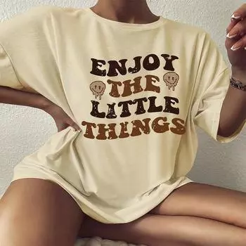 Цветная футболка большого размера Enjoy The Little Things, свободная футболка со смайликом и позитивными высказываниями, женская модная повседневная хлопковая эстетичная футболка S белый