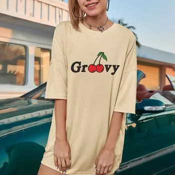 Цветная футболка большого размера Groovy Cherry, забавная женская футболка с рисунком S хаки