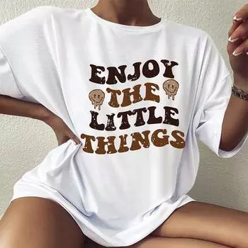 Цветная футболка большого размера «Наслаждайся мелочами» со смайликом и позитивными высказываниями, свободная футболка, женская модная повседневная хлопковая эстетичная футболка S белый