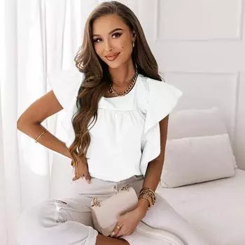 Цветная футболка большого размера с летающими плиссированными рукавами и рюшами, однотонная мягкая элегантная женская футболка с круглым вырезом для поездок на работу XL белый