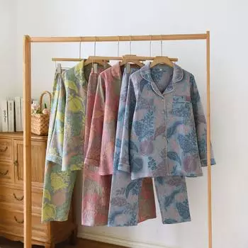 Цветная хлопковая женская домашняя одежда в стиле ретро с длинным рукавом, длинные брюки, 2 шт., пижама, тонкая пижама, женский комплект одежды M синий