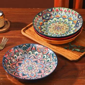 Цветная керамическая тарелка в стиле бохо с цветочным узором, обеденная тарелка, посуда, тарелка с фруктами темно-зеленого