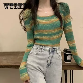Цветная контрастная полосатая блузка с длинным рукавом для женщин, осенний тонкий короткий вязаный свитер, универсальный свитер XL чёрный