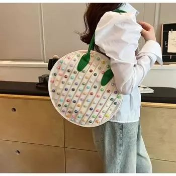 Цветная круглая сумка через плечо с заклепками из холста, большая вместимость, уникальный дизайн, повседневная сумка-тоут для женщин, мода 4, новый стиль