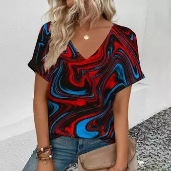 Цветная масляная живопись Тай-дай 3D принт Футболки Женские V-образный вырез Короткий рукав Футболка Уличная одежда Футболки Топы Женская одежда L