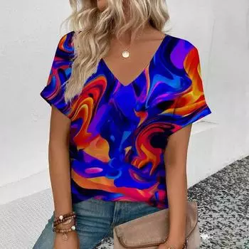 Цветная масляная живопись Tie Dye 3D принт футболки женские футболки с V-образным вырезом и коротким рукавом Y2k Harajuku уличная одежда футболки топы женская одежда S