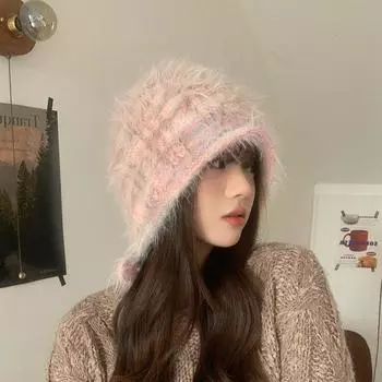 Цветная плюшевая шапка-пуловер с разрезом сзади, подходящая по цвету и персонализированная шерстяная шапка, теплая вязаная шапка с защитой ушей в корейском стиле и японском стиле 55-59cm