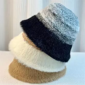Цветная плюшевая вязаная шапка с цветными блоками для женщин, зимняя толстая теплая шапка M черный серый