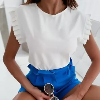 Цветная простая летняя рубашка большого размера с рюшами, элегантная однотонная блузка с коротким рукавом, уличная одежда S зелёный