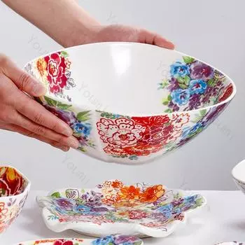 Цветная роспись Цветочные керамические миски Креативные необычные рестораны Фруктовая салатница Изысканная миска Набор тарелок Бытовая посуда