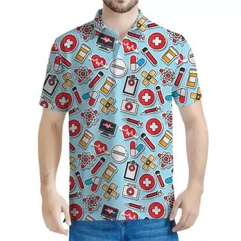 Цветная рубашка поло с рисунком медсестры, мужские футболки с 3D-принтом, модные топы с короткими рукавами и лацканами, летняя футболка на пуговицах S