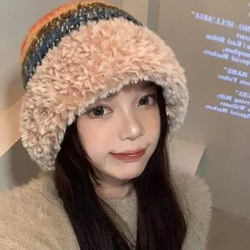 Цветная шерстяная шапка женская осенне-зимняя маленькая утолщенная теплая вязаная шапка-ведро большая окружность головы плюшевая шапка M56-58cm радужный