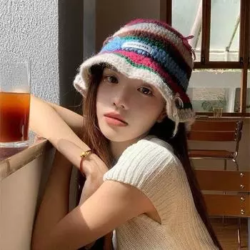 Цветная шерстяная шапка женская вязаная шапка в стиле ретро ручной работы модная осенняя новая шляпа-ведро с бантом допамин M56-58cm красный