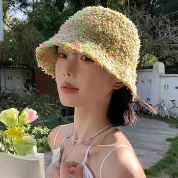 Цветная соломенная шляпа женская летняя соломенная плетеная солнцезащитная шляпа с защитой от ультрафиолета, соломенная шляпа-ведро для отдыха на море M56-58cm бежевый