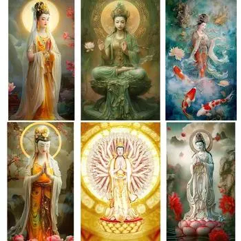 Цветная статуя Будды Гуаньинь, вышивка своими руками, полный квадрат/круглый бриллиант 5d, вышивка крестом, мозаика, буддийское зачатие, лотос Full Round 20x40CM