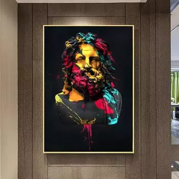 Цветная статуя Зевса, каменный бюст, греческий бог, античная скульптура, Олимп, мифология, абстрактный холст, настенное искусство, поп-плакат, украшение для дома 21x30cm No Frame белый