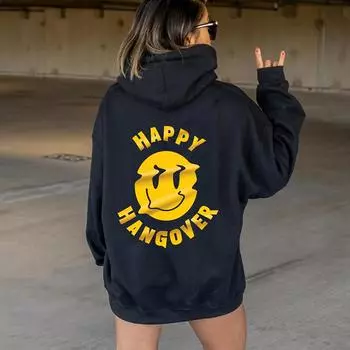 Цветная толстовка с капюшоном HAPPY HANGOVER, женская толстовка, пуловеры, модная уличная одежда из чистого хлопка с графическим принтом, джемпер, подходят толстовки S чёрный