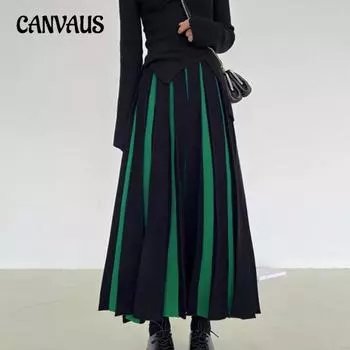 Цветная трикотажная юбка-полутор с высокой талией, осенне-зимняя женская юбка, свободная юбка-трапеция средней длины с цветными блоками One Size чёрный