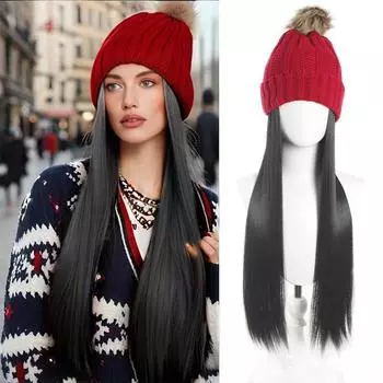 Цветная вязаная шапка, длинный прямой парик, женский синтетический высокотемпературный шелковый парик, модный и теплый, подходит для зимних встреч