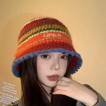 Цветная вязаная шапка-ведро женская осенне-зимняя большая окружность головы шерстяная шапка интернет-знаменитости универсальная шапка для лица M56-58cm