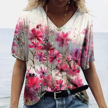 Цветная женская футболка с цветочным принтом и V-образным вырезом, хлопковые свободные повседневные топы с коротким рукавом 2022 года, женская мода, уличная одежда в стиле Харадзюку, футболки XS