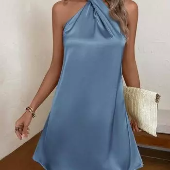 Цветное атласное платье, новый стиль, свисающая шея, сексуальное свободное платье, женская одежда S синий