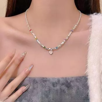Цветное бисерное ожерелье в корейском стиле Love X1059 серебряный