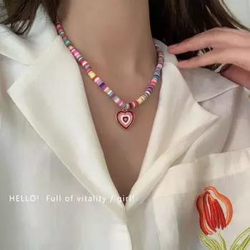 Цветное мягкое керамическое ожерелье с подвеской в виде сердца и радуги для женщин и девочек-подростков на ключицу разноцветный
