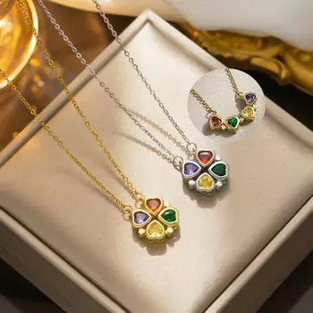 Цветное открывающееся ожерелье с подвеской в виде четырехлистного клевера из нержавеющей стали, инкрустированное цирконием, женское простое ожерелье золотой