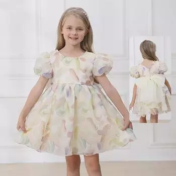 Цветное платье принцессы с рукавами-фонариками и бантом для маленьких девочек 130 cm шампанского