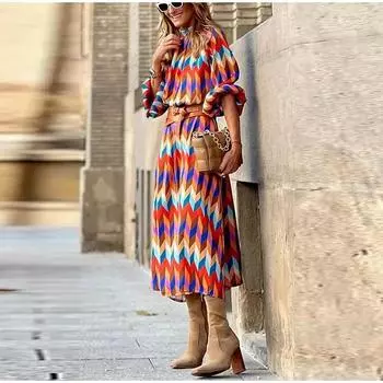 Цветное полосатое клетчатое платье с принтом, женское, с воротником-стойкой, длинное, плиссированное, волнистое, А-силуэтное, женское, весеннее, женское платье S бежевый