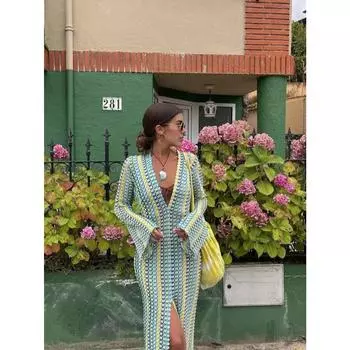 Цветное полосатое макси-платье для женщин с расклешенными рукавами и V-образным вырезом, сексуальное длинное платье для осеннего банкета на пляже S