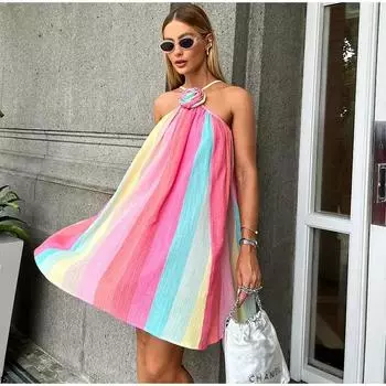 Цветное полосатое платье-халтер для женщин с 3D-цветком, без рукавов, со шнуровкой на спине, летнее пляжное женское мини-платье S