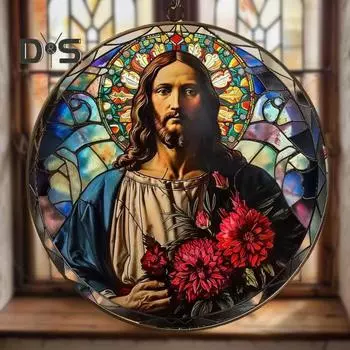 Цветной акриловый Иисус, подвесное украшение для дома, офиса, помещения, улицы, круглый витраж, Спаситель, настенное подвесное украшение, подвеска в виде ловца солнца E