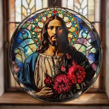Цветной акриловый Иисус, подвесное украшение для дома, офиса, помещения, улицы, круглый витраж, Спаситель, настенное подвесное украшение, подвеска в виде ловца солнца E