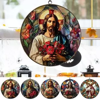 Цветной акриловый Иисус, подвесное украшение для дома, офиса, внутреннего и наружного круглого витража, Спаситель, настенное окно E