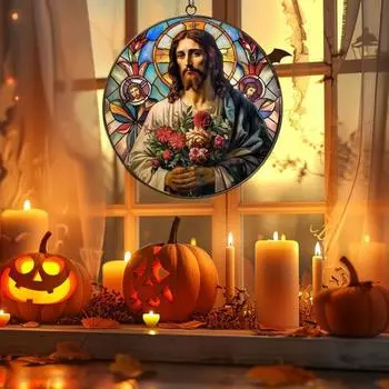Цветной акриловый Иисус, подвесное украшение для дома, офиса, помещения, улицы, круглый витраж, Спаситель, настенное подвесное украшение, подвеска в виде ловца солнца E