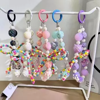 Цветной бант с бусинами, брелок для ключей, милый кулон для телефона с картой, ремешок на запястье, чехол для наушников, декоративная сумка-шнурок синий