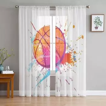 Цветной баскетбольный мяч с пятнами и брызгами на белом тюле, прозрачные шторы для гостиной, кухни, занавески из вуали и органзы 135W x 114H(cm)