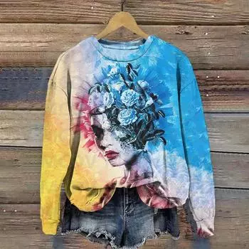 Цветной блок Роза Лицо Арт Принт Повседневная толстовка 3D Печатный Женский Повседневный Пуловер S