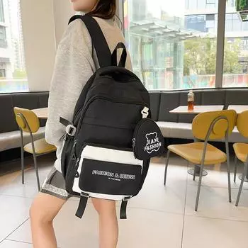 Цветной блок школьная сумка студенческий рюкзак в стиле колледжа женский рюкзак с буквенным принтом и кошельком для монет чёрный