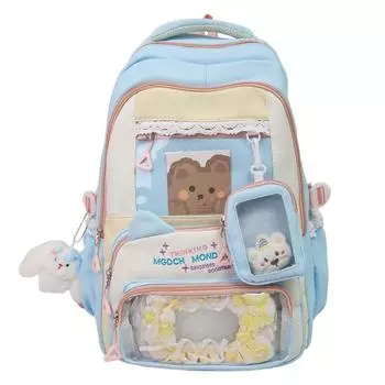 Цветной блок Студенческий школьный рюкзак Детские рюкзаки большой вместимости с кошельком для монет синий