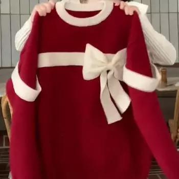 Цветной блокирующий свитер с бантом, женский рождественский красный шикарный женский вязаный пуловер, осенний свободный повседневный универсальный топ One Size красный
