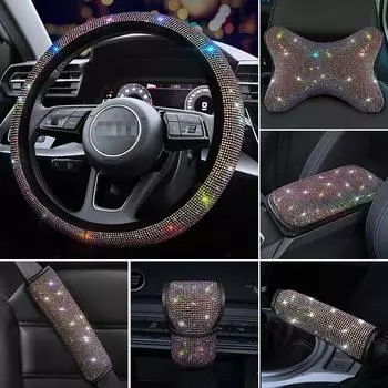 Цветной чехол на руль автомобиля из искусственной кожи, комплект из розовых бриллиантов, чехлы на автомобильные колеса для девушек, автомобильные аксессуары для женщин
